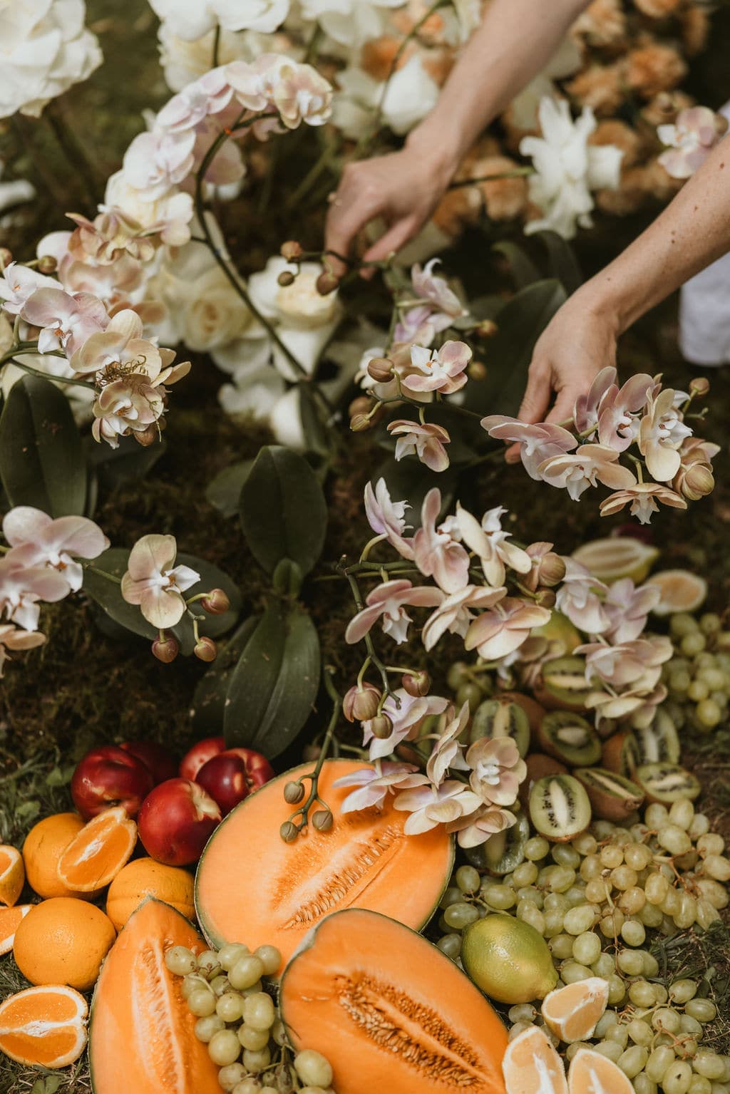 Orchids and cut fruit laid into a ground installation