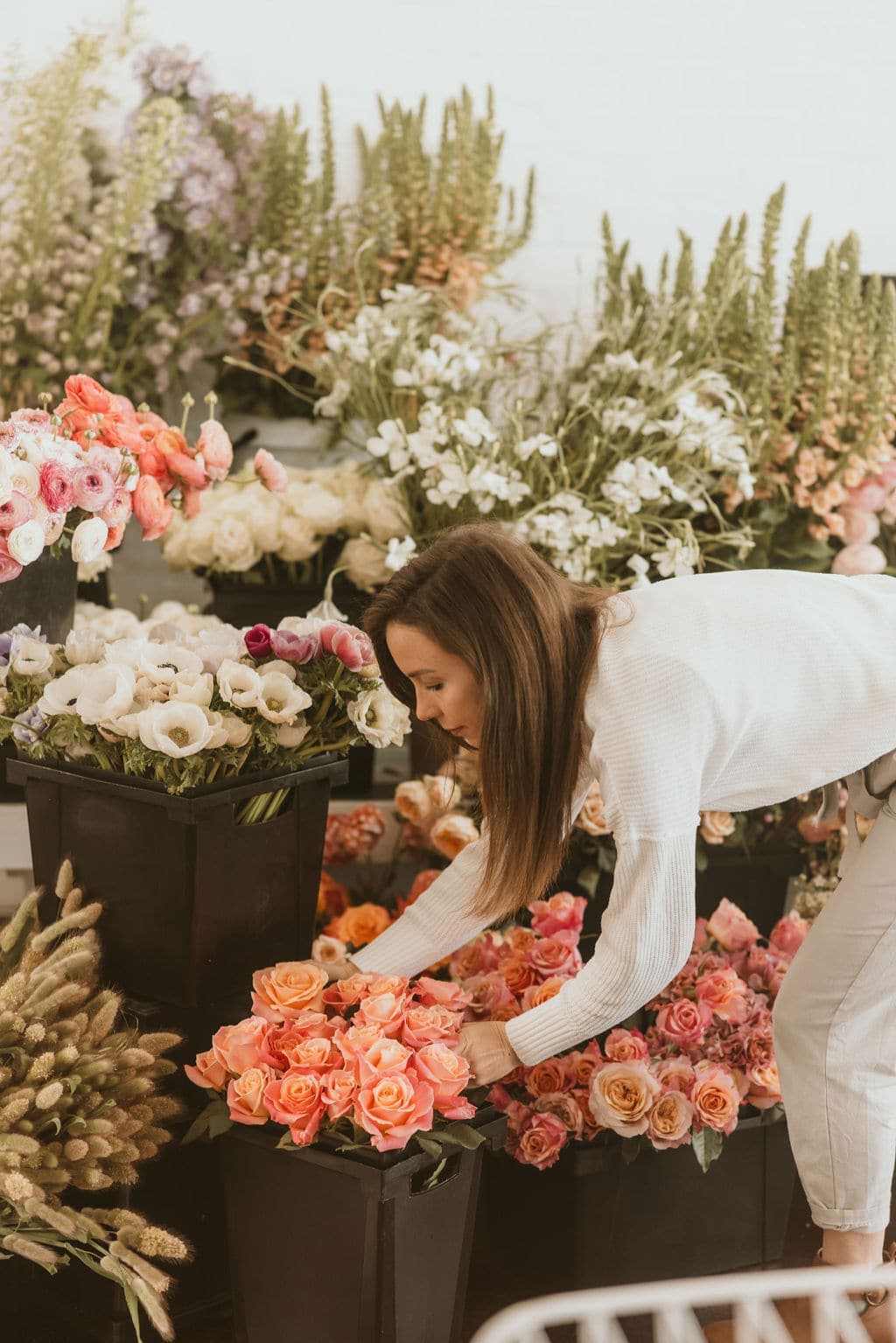 A florist bent over buckets of roses and ranunculus, deep in production