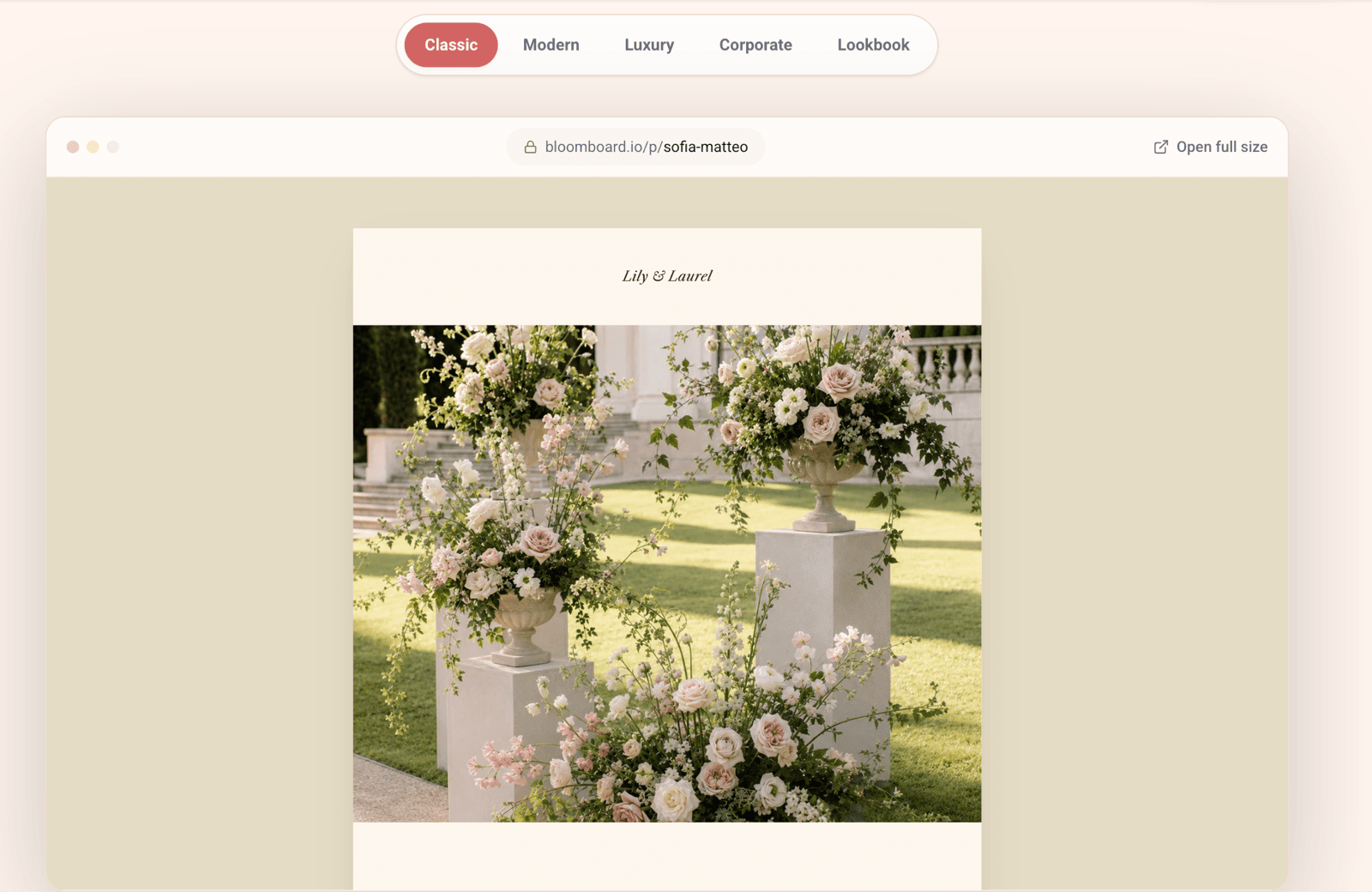 BloomBoard proposals — five template styles and a finished client proposal page