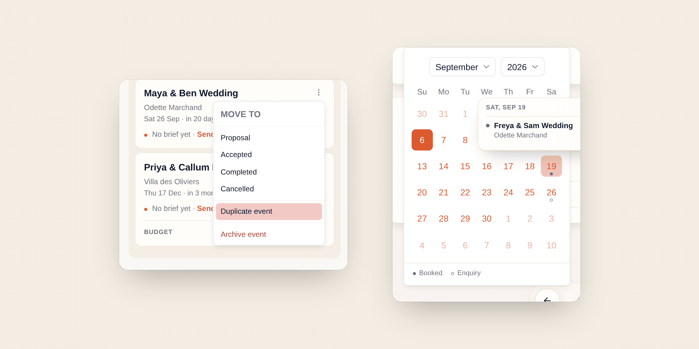 An event card's menu open on Duplicate event, and the new-event date picker with dots on days that already hold an event, one hovered to show whose