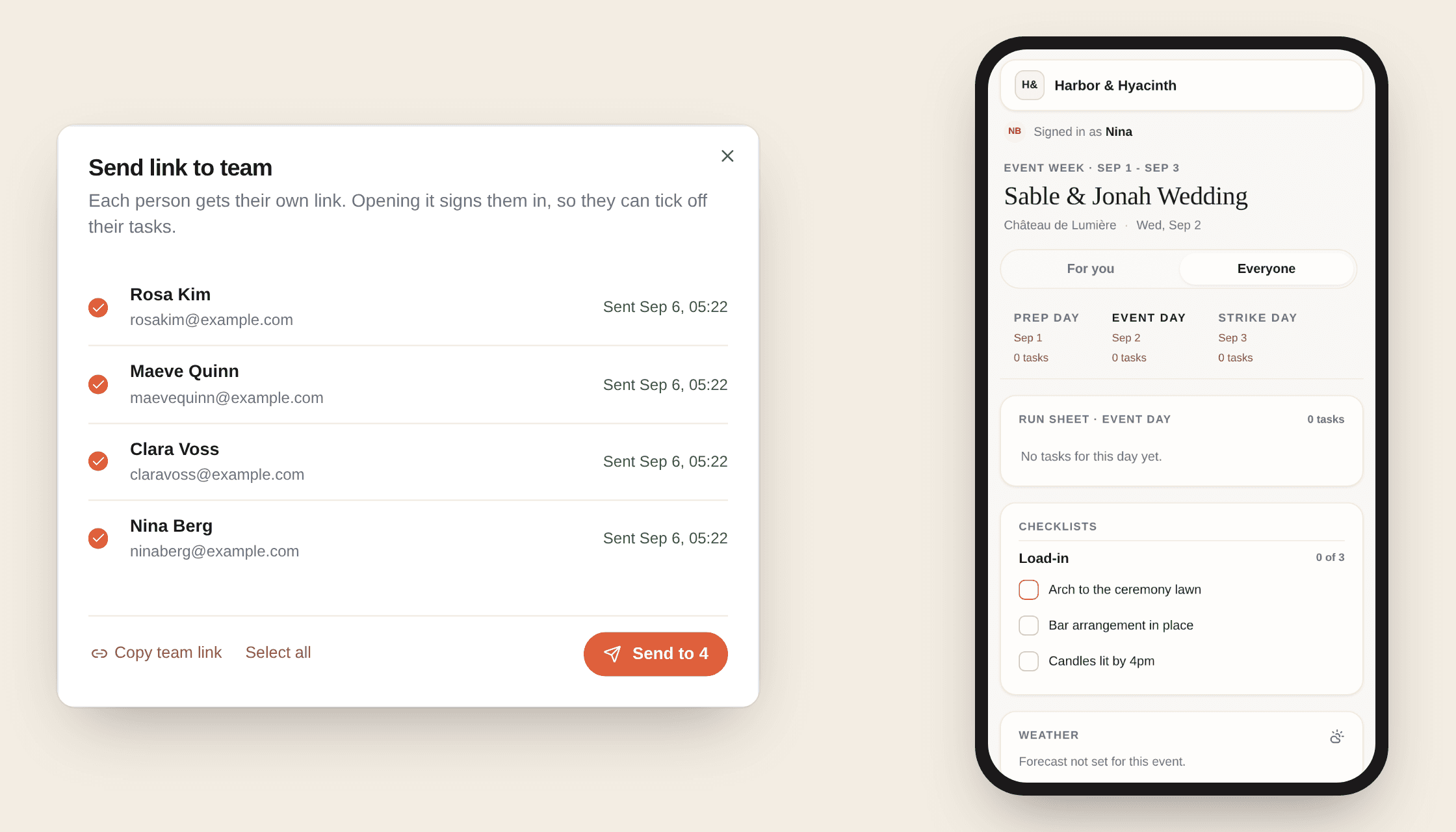 The Send link to team dialog listing each team member with an email, and beside it a phone showing a teammate's week-of page with a checklist item ticked and their name against it