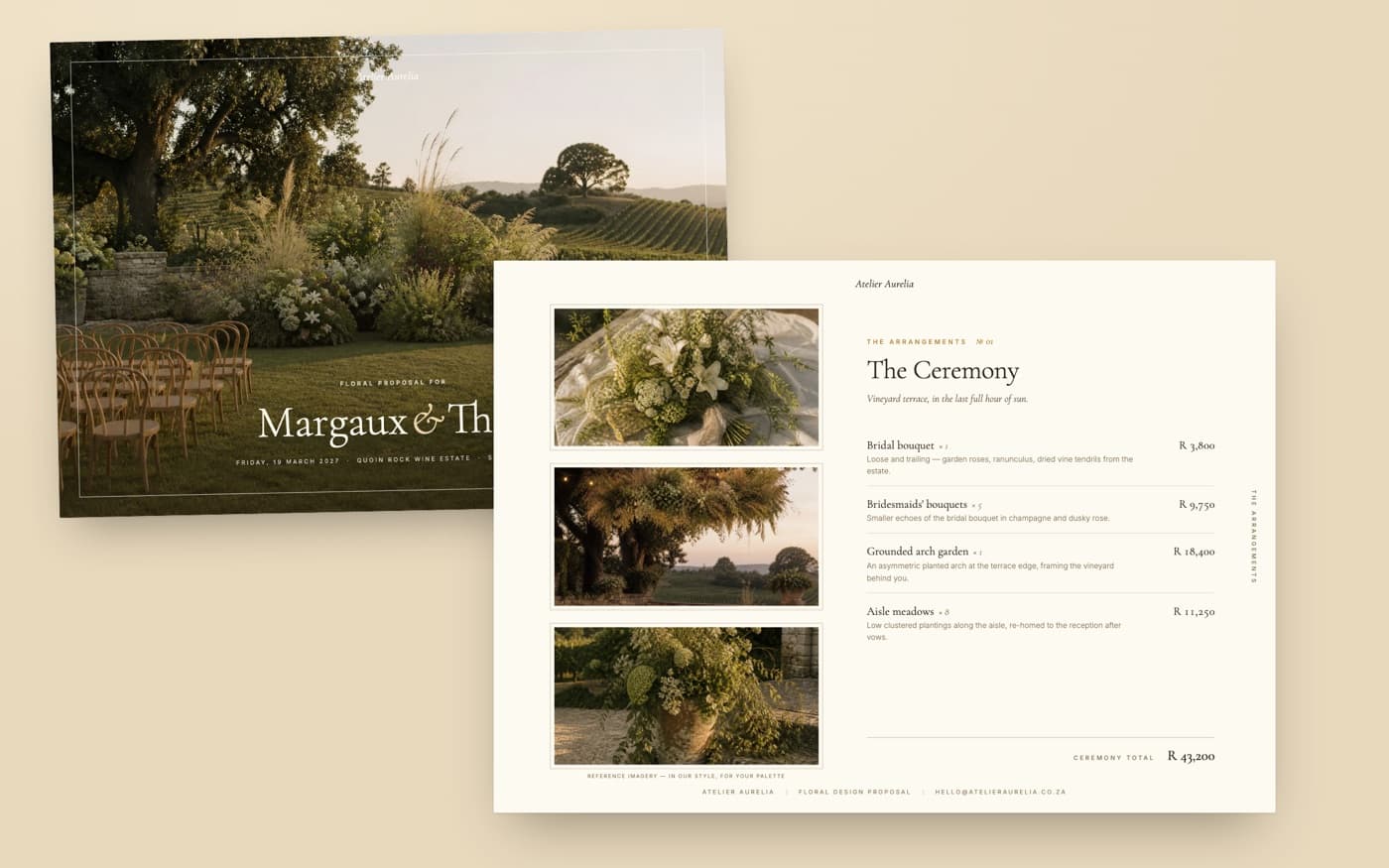 Two landscape pages from a Golden Hour proposal: a full-bleed cover for Margaux and Theo, and The Ceremony spread with three mounted photos beside the arrangement list