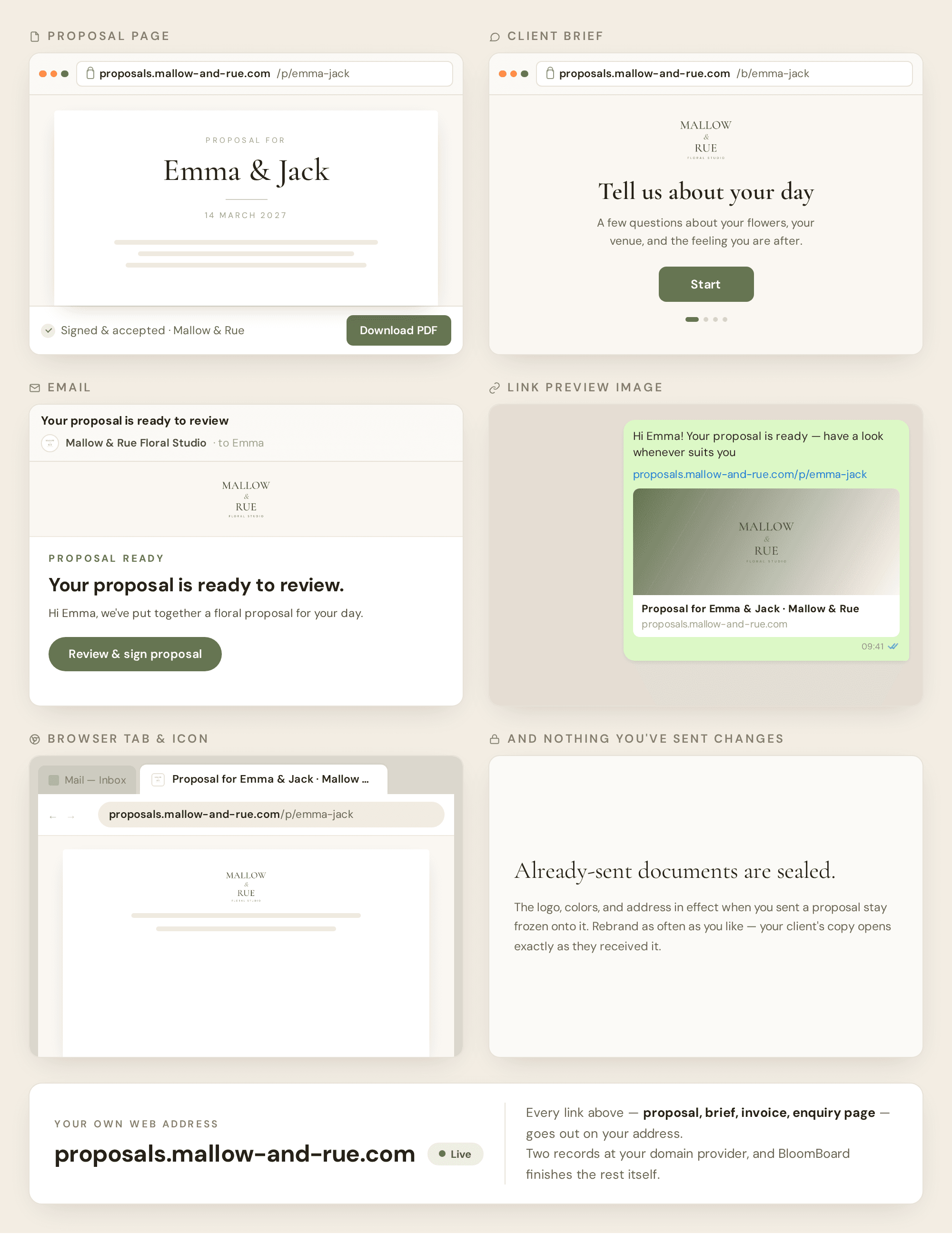 The proposal page, client brief, email, chat link preview, and browser tab, each carrying the studio's logo, colours and web address