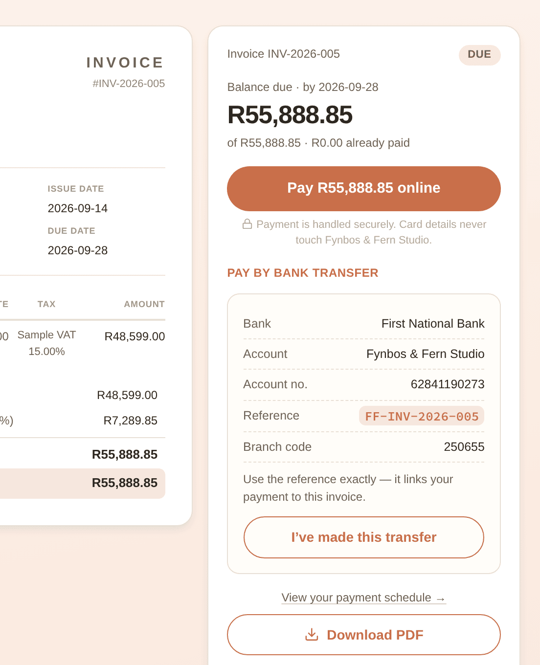 A client's payment page: the balance due, a Pay online button, and a bank transfer panel with click-to-copy bank details and a payment reference, beside the invoice