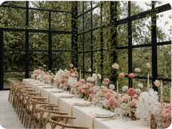 Long reception table with blush and coral florals