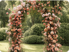 Coral flower arch in a manicured garden
