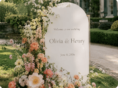 Welcome sign framed by garden flowers