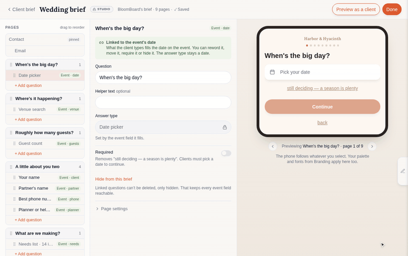 The brief editor: pages and questions on the left, a question of your own set to Required in the middle, and a phone preview of the client's screen on the right