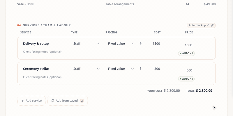 A delivery row is saved to your services from its row menu, then two saved lines are ticked in Add from saved and land on the quote