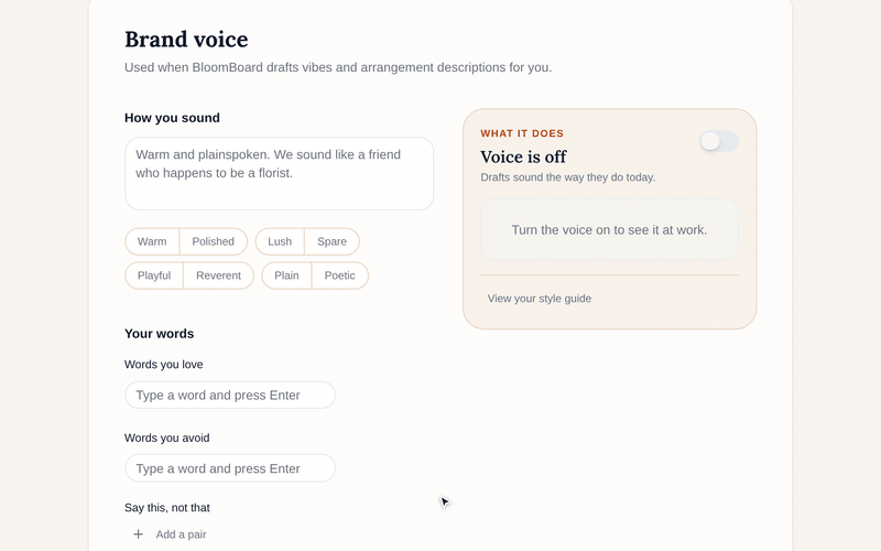 In Settings, Brand voice reads a few pasted paragraphs and suggests how the studio sounds: a summary and the words it loves. Keep saves the suggestions, the voice switches on, and a sample arrangement description renders in that voice