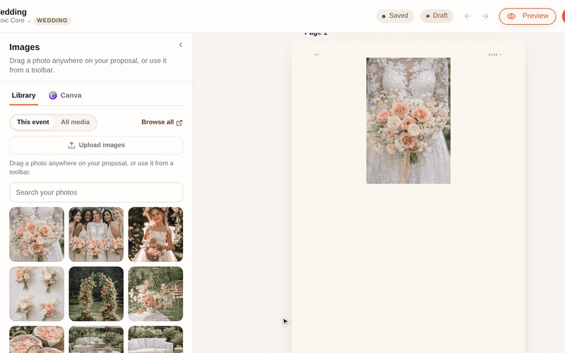 The design editor's Images panel with a Canva tab, then Add page and Import from Canva: a wedding lookbook design is chosen with Fit selected, its five pages land in the proposal, and the synced Canva chip offers Edit