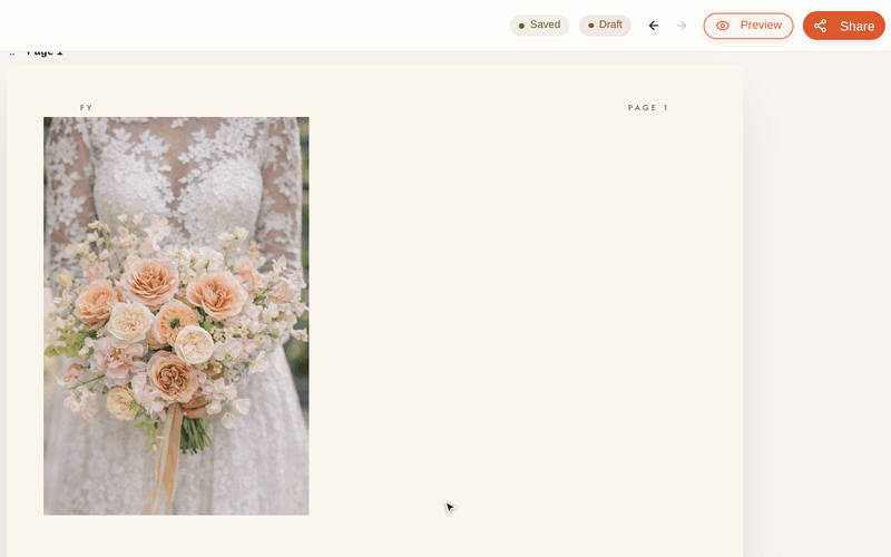 Clicking a photo on a proposal page shows a single toolbar, the right-click menu's Align to page centres the photo, and the Share button lists three checks to look at before sending
