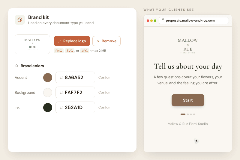 Choosing a new accent colour from the colour picker in the brand kit, with the client brief preview beside it repainting as the colour changes