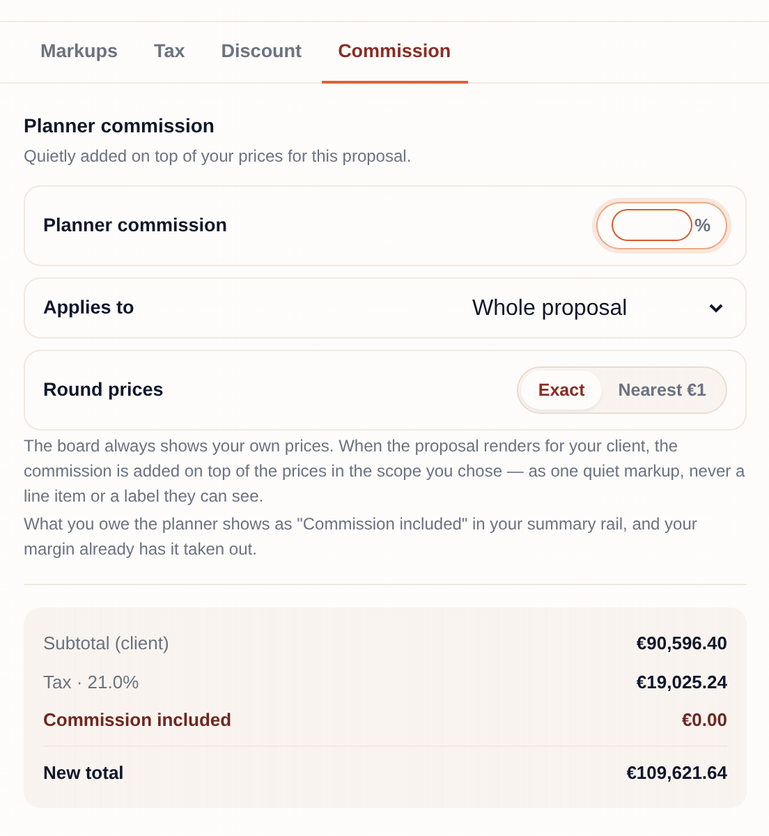 Typing a 10 percent planner commission into the pricing rules, with the client subtotal and commission owed updating below