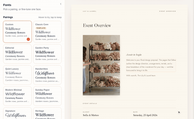 The Fonts panel in the design studio: hovering the Editorial, Handwritten, Signature and Modern Minimal pairing cards repaints the proposal page each time, then Garden Party is tapped and kept