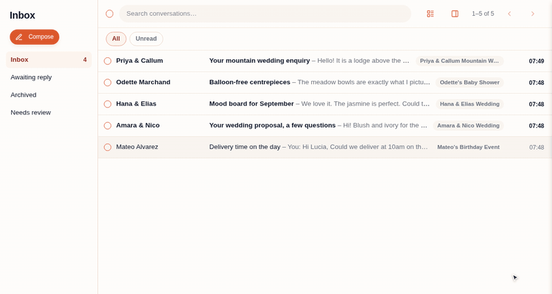The Inbox: folders on the left and a list of client conversations. Hovering a reply shows Archive and Mark as read, clicking it opens the conversation with the earlier message folded to one line, and Reply opens a reply box in place with the client's address filled in