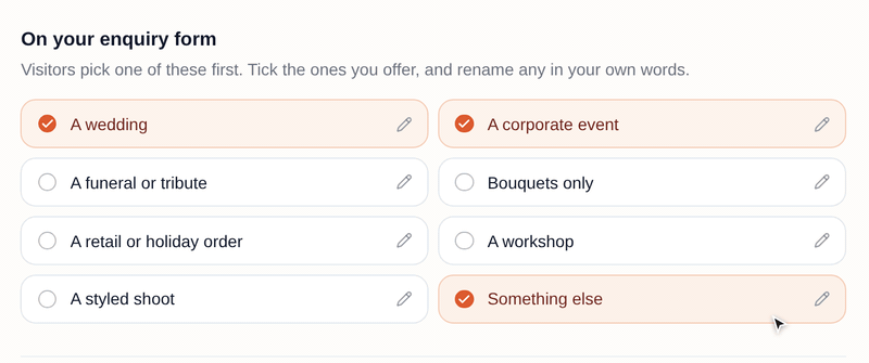 The On your enquiry form tiles in Settings: the pencil on Something else is clicked, A private dinner is typed in, and the tile now reads A private dinner with Other brief underneath