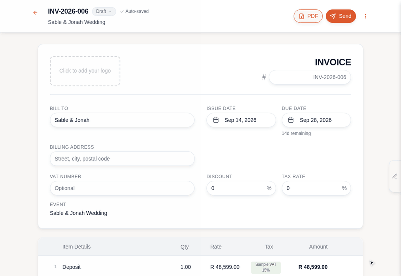 Choosing Send on a draft invoice opens the send screen: channels on the left, the email on the right with the client's address, subject and message filled in, then Preview showing the exact email with the PDF attached and a Send invoice button
